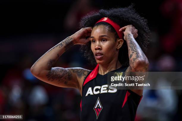 Tamera Young of the Las Vegas Aces looks on against the Washington Mystics during the first half of Game Two of the 2019 WNBA playoffs at St...