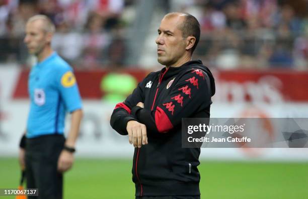 Coach of Monaco Leonardo Jardim looks on during the Ligue 1 match between Stade de Reims and AS Monaco at Stade Auguste Delaune on September 21, 2019...