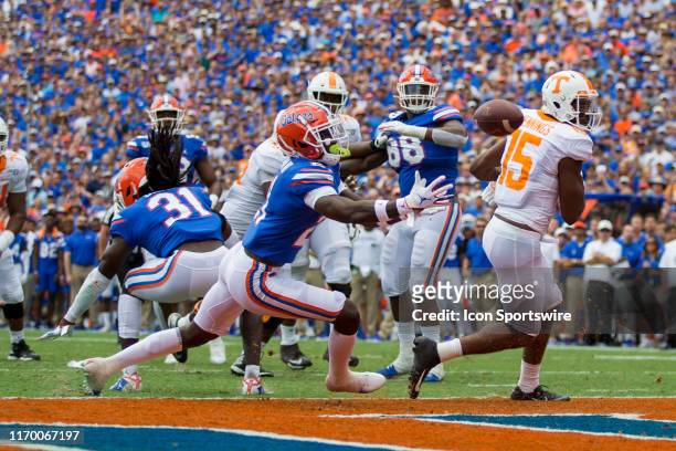 University of Florida defensive back Trey Dean III catches an incomplete pass in the Tennessee end zone during an NCAA Division I football game...