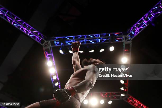 Jose Quinonez of Mexico celebrates in his bantamweight bout during UFC Fight Night event at Arena Ciudad de Mexico on September 21, 2019 in Mexico...