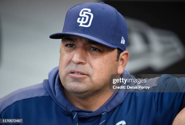 Interim manager Rod Barajas of the San Diego Padres looks on from the dugout before a baseball game against the Arizona Diamondbacks at Petco Park...