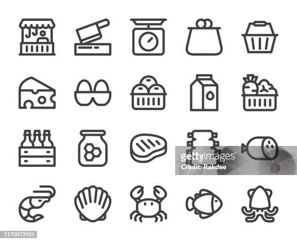 stockillustraties, clipart, cartoons en iconen met verse markt-vette lijn iconen - squid