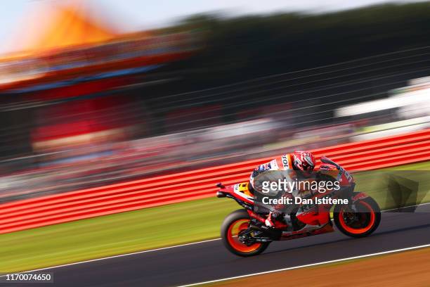 Marc Marquez of Spain and Repsol Honda rides during warm-up ahead of the MotoGP of Great Britain at Silverstone Circuit on August 25, 2019 in...