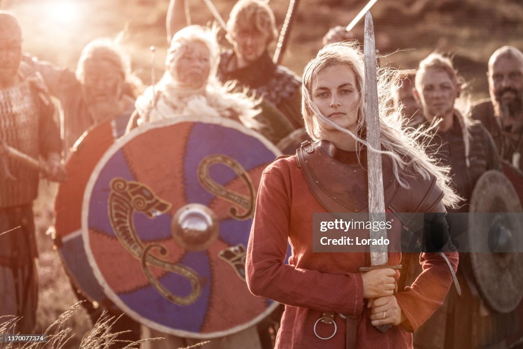 An individual viking female warrior princess outdoors