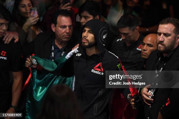 Yair Rodriguez of Mexico prepares to enter the Octagon prior to his featherweight bout during the UFC Fight Night event on September 21, 2019 in...