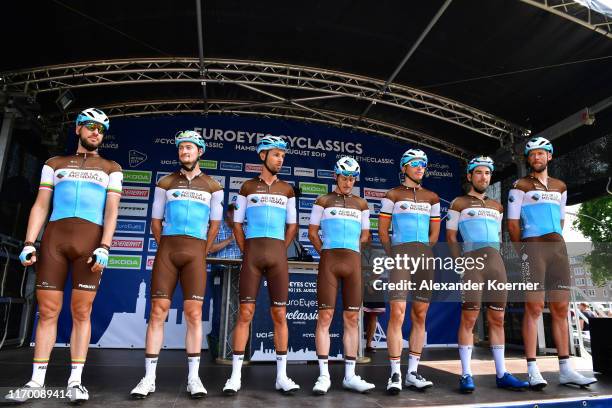 Start / Podium / Gediminas Bagdonas of Lithuania and Team Ag2R La Mondiale / Mickaël Cherel of France and Team Ag2R La Mondiale / Nico Denz of...