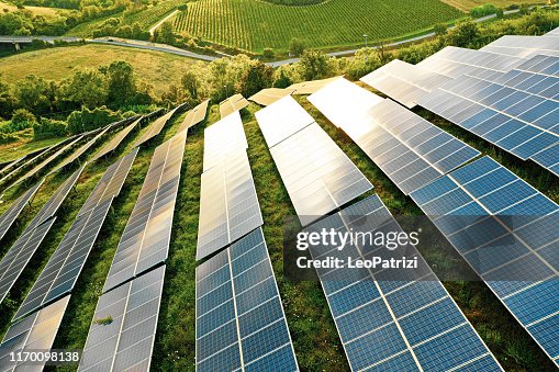 Champs de panneaux solaires sur les collines vertes Champs de panneaux solaires sur les collines vertes