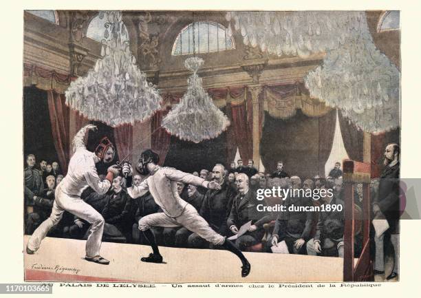 fencers dueling, fencing match, paris france, 19th century - fencing sport stock illustrations