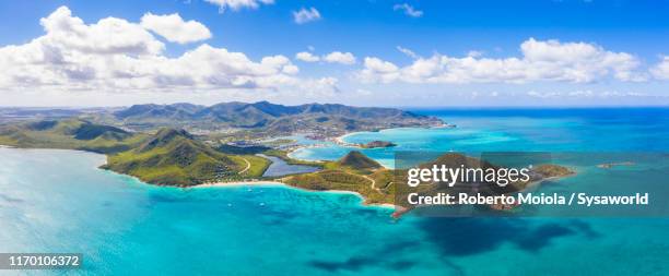 aerial view of islet in the caribbean sea, antigua - mauritius beach bildbanksfoton och bilder