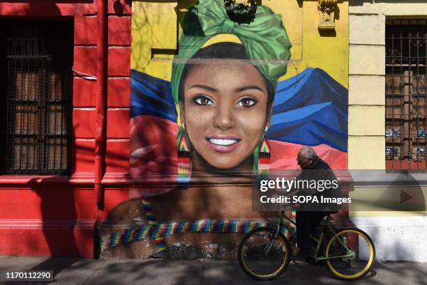 Man rides a bike past street art in Bellavista Neighbourhood. Bellavista is located between the north bank of the Mapocho River and San Cristóbal...