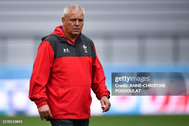 Wales' head coach Warren Gatland takes part in the captain's run at Toyota stadium in Toyota City on September 22 during the Japan 2019 Rugby World...