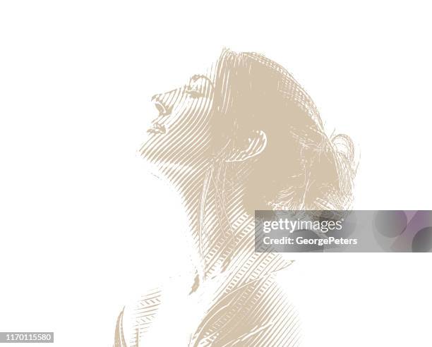 engraving portrait of a serene young woman - messy bun stock illustrations