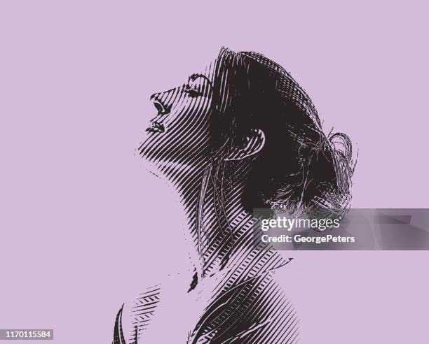 engraving portrait of a serene young woman - messy bun stock illustrations