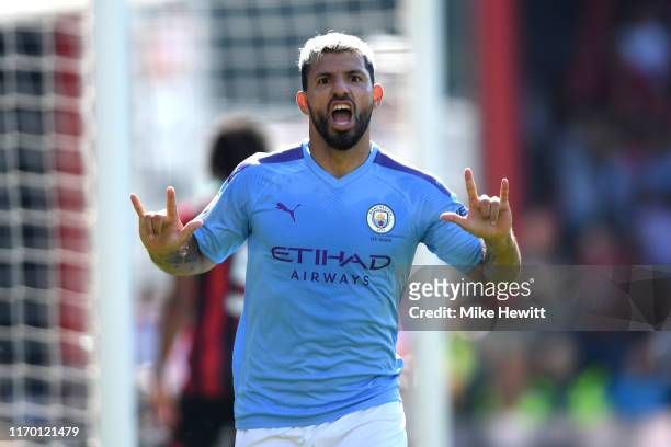 Sergio Aguero of Manchester City celebrates after scoring his team's third goal during the Premier League match between AFC Bournemouth and...