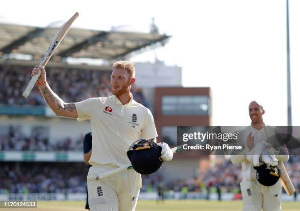 Ben Stokes and Jack Leach of England celebrate victory during day four of the 3rd Specsavers Ashes Test match between England and Australia at...