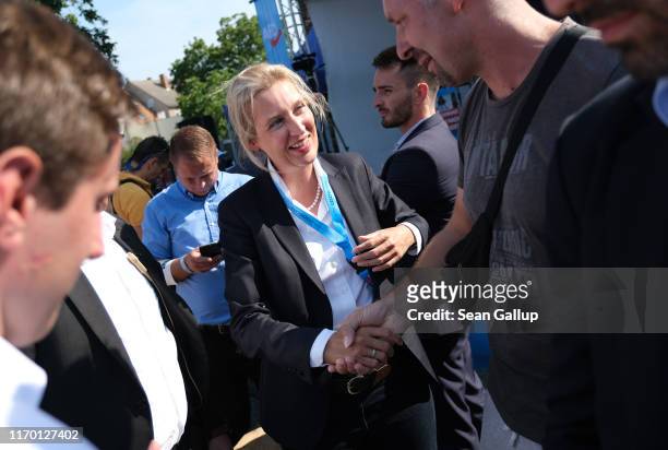 Alice Weidel, co-leader of the Bundestag faction of the right-wing Alternative for Germany political party, greets supporters while campaigning for...