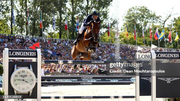 Henrik von Eckermann of Sweden riding Toveks Mary Lou competes during Day 7 of the Individual Final, Longines FEI Jumping European Championship...