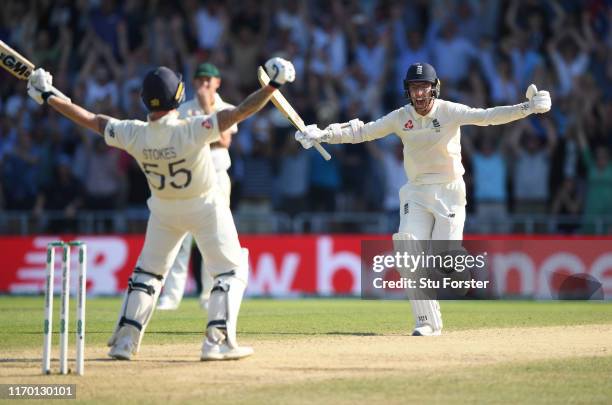 England batsman Ben Stokes and Jack Leach celebrate at the end after hitting the winning runs after day four of the 3rd Ashes Test Match between...