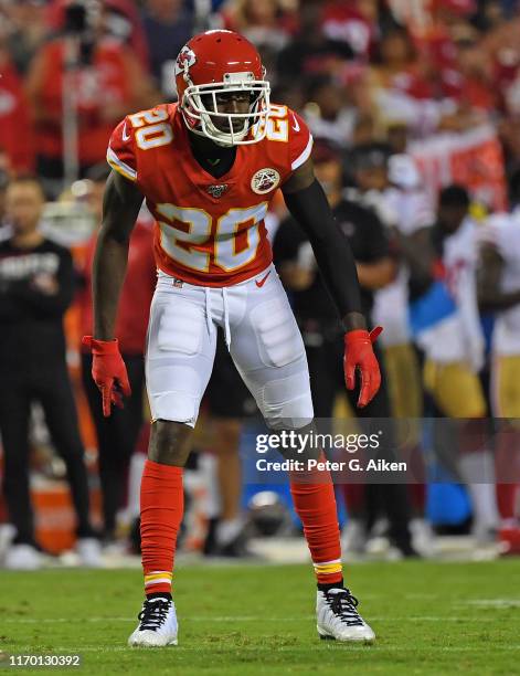 Cornerback Morris Claiborne of the Kansas City Chiefs gets set on defense, during the first half of a preseason game against the San Francisco 49ers...