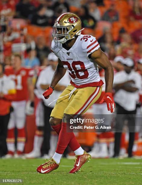 Strong safety Antone Exum of the San Francisco 49ers gets set on defense during the second half of a preseason game against the Kansas City Chiefs at...