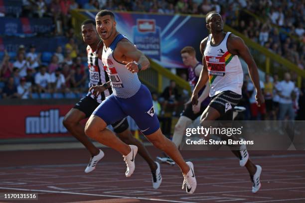 Adam Gemili of Great Britain wins the Mens 200m Final during Day Two of the Muller British Athletics Championships at the Alexander Stadium on August...