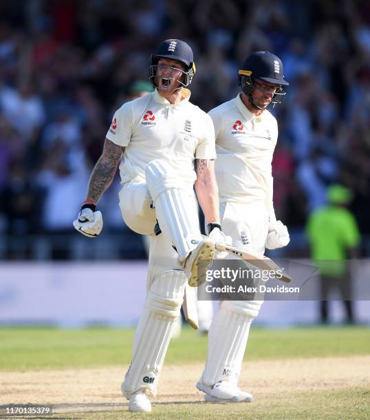 Ben Stokes and Jack Leach of England celebrate the winning runs and victory during Day Four of the 3rd Specsavers Ashes Test match between England...