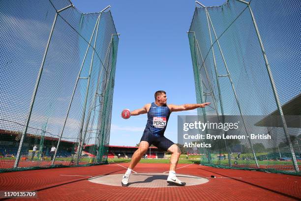 Nick Percy in action on his way to winning the Men's Discus during Day Two of the Muller British Athletics Championships at the Alexander Stadium on...