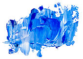 Blue vector oil brush stroke. Abstract varnish splash trace shape. Glossy oil paint smear on white background. Eps 10 illustration.