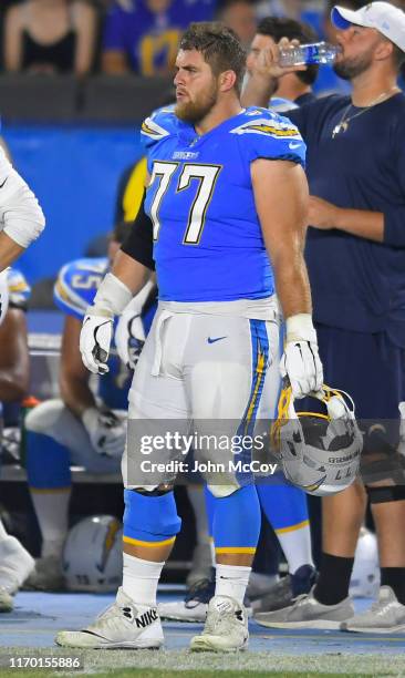 Forrest Lamp of the Los Angeles Chargers on the sideline while playing the Seattle Seahawks during a preseason NFL football game at Dignity Health...