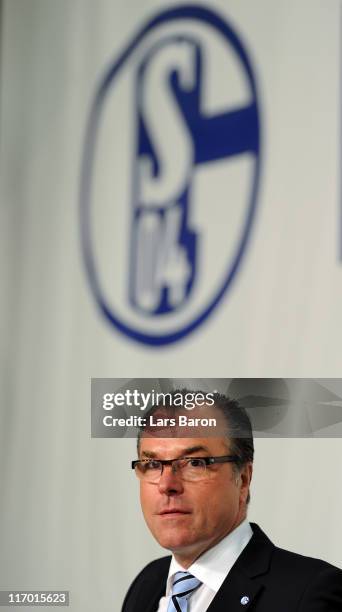 Clemens Toennies, chairman of the supervisory board, looks on during the Schalke 04 annual general meeting at Emscher Lippe Halle on June 19, 2011 in...