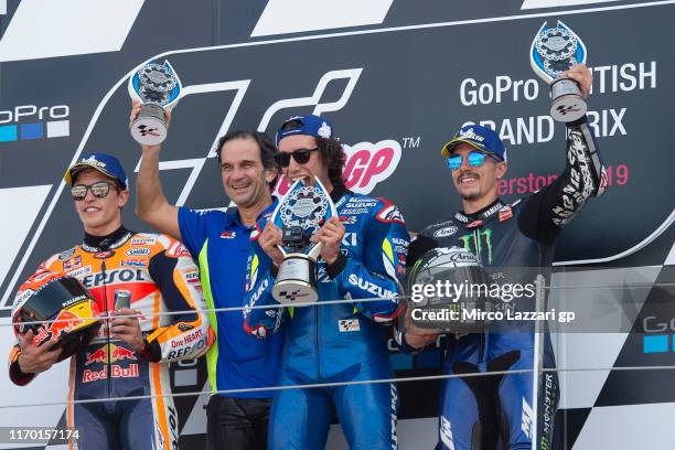 Marc Marquez of Spain and Repsol Honda Team, Davide Brivio of Italy, Alex Rins of Spain and Team Suzuki ECSTAR and Maverick Vinales of Spain and...
