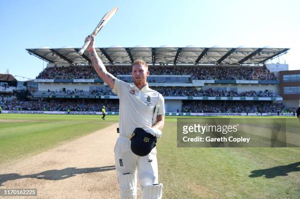 Ben Stokes of England celebrates hitting the winning runs to win the 3rd Specsavers Ashes Test match between England and Australia at Headingley on...