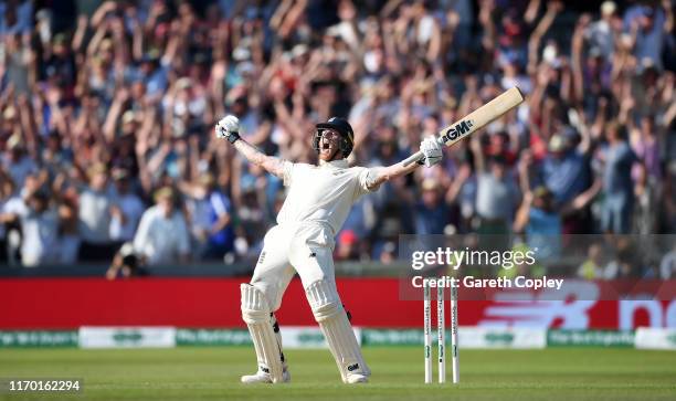 Ben Stokes of England celebrates hitting the winning runs to win the 3rd Specsavers Ashes Test match between England and Australia at Headingley on...