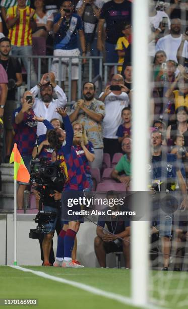 Antoine Griezmann of Barcelona celebrates scoring his team's second goal during the Liga match between FC Barcelona and Real Betis at Camp Nou on...