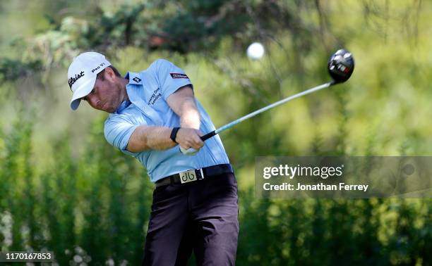 Tyler Duncan hits on the 2nd hole during the final round of the Korn Ferry Tour Albertson's Boise Open at Hillcrest Country Club on August 25, 2019...