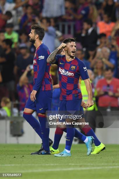 Carles Perez of Barcelona celebrates scoring his team's third goal during the Liga match between FC Barcelona and Real Betis at Camp Nou on August...