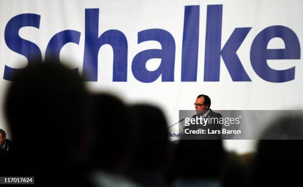 Clemens Toennies, chairman of the supervisory board, holds a speach during the Schalke 04 annual general meeting at Emscher Lippe Halle on June 19,...