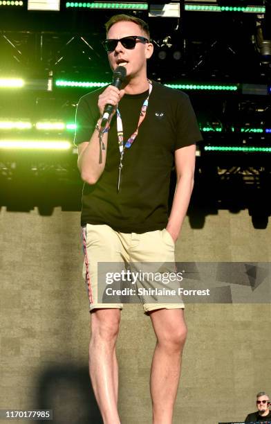 Antony Cotton hosts during Manchester Pride 2019 on August 25, 2019 in Manchester, England.
