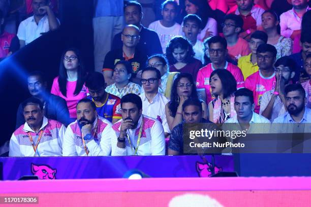 Bollywood actor and Jaipur Pink Panthers owner Abhishek Bachchan during the Pro Kabaddi League match against Gujrat Fortune Gaints at SMS Indoor...