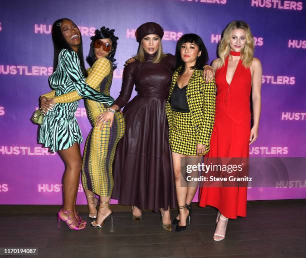 Keke Palmer, Cardi B, Jennifer Lopez, Constance Wu, and Lili Reinhart pose at the Photo Call For STX Entertainment's "Hustlers" at Four Seasons Los...