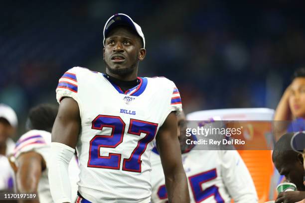 Tre'Davious White of the Buffalo Bills looks on during the preseason game against the Detroit Lions at Ford Field on August 23, 2019 in Detroit,...