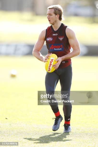 Darcy Parish of the Bombers in action during an Essendon Bombers AFL media opportunity & training session at The Hangar on August 26, 2019 in...