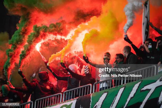 Fans of Hammarby IF during the Allsvenskan match between Hammarby IF and AIK at Tele2 Arena on September 22, 2019 in Stockholm, Sweden.