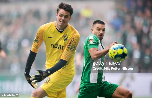 Vladimir Rodic of Hammarby IF passes Oscar Linnér of AIK and scores to 2-0 during the Allsvenskan match between Hammarby IF and AIK at Tele2 Arena on...