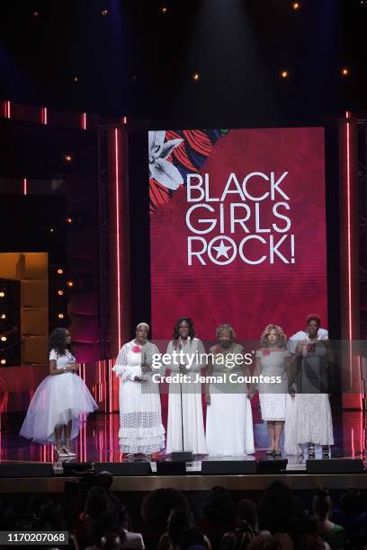 Tamika Mallory, Cleopatra Cowley-Pendleton, Sybrina Fulton, Gwen Carr, Lucy McBath, and Maria Hamilton speak onstage at Black Girls Rock 2019 Hosted...