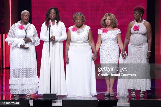 Cleopatra Cowley-Pendleton, Sybrina Fulton, Gwen Carr, Lucy McBath, and Maria Hamilton speak onstage at Black Girls Rock 2019 Hosted By Niecy Nash at...