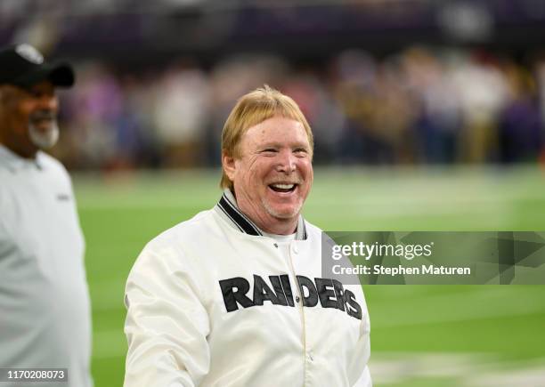 Oakland Raiders owner Mark Davis on the field before the game against the Minnesota Vikings at U.S. Bank Stadium on September 22, 2019 in...