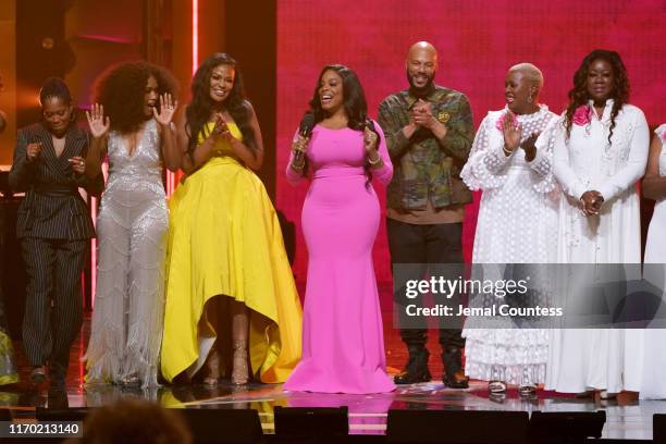 Performers onstage, including Angela Bassett, Beverly Bond, Niecy Nash and Common, at Black Girls Rock 2019 Hosted By Niecy Nash at NJPAC on August...