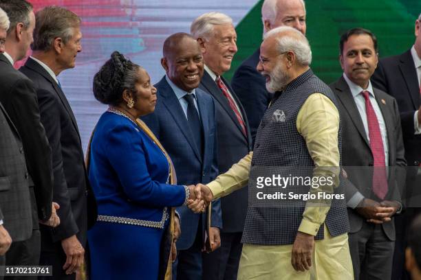 Indian Prime Minster Narendra Modi is greeted by U.S. Rep. Sheila Jackson Lee onstage at NRG Stadium during a rally on September 22, 2019 in Houston,...