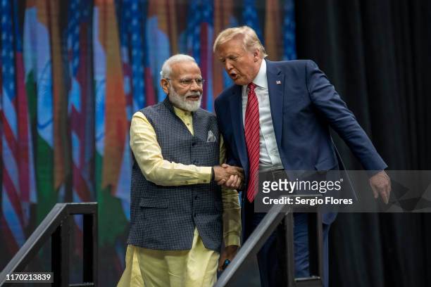 Indian Prime Minster Narendra Modi and U.S. President Donald Trump leave the stage at NRG Stadium after a rally on September 22, 2019 in Houston,...